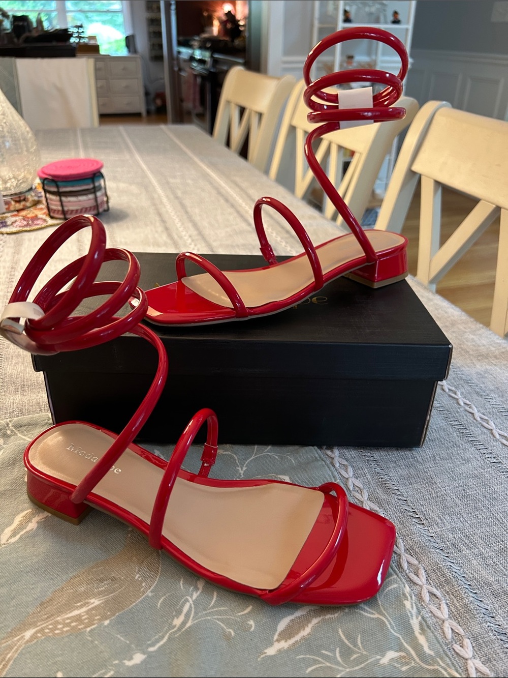 Patent Red Spiral Wrap Sandals for Women